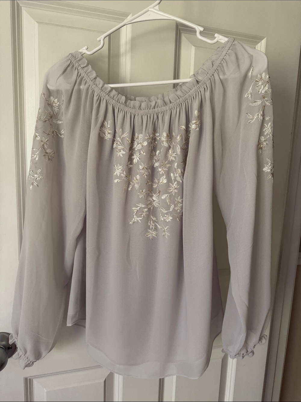 White House Black Market Women’s Off-Shoulder Embroidered Blouse - Light Gray